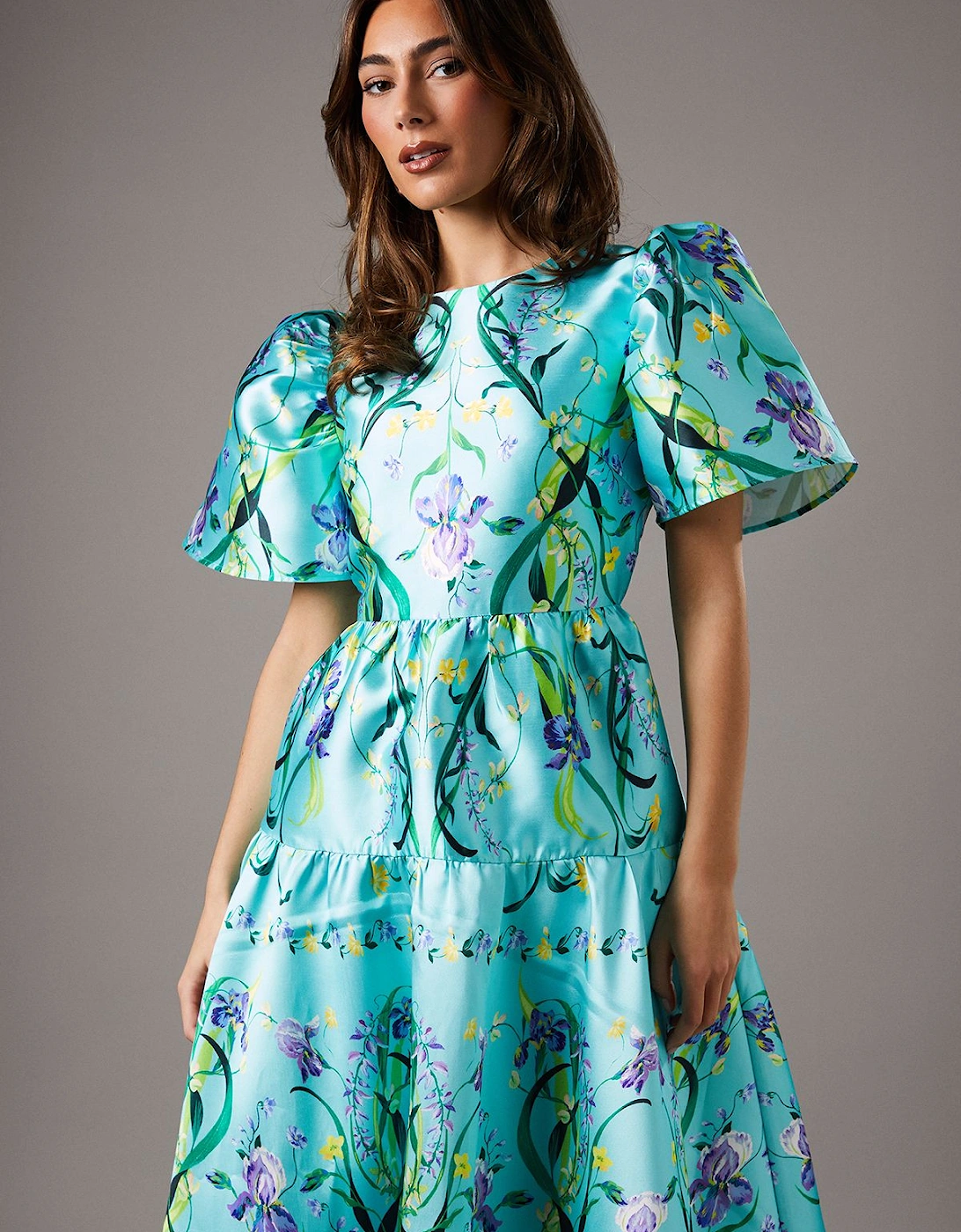 Twill Puff Sleeve Printed Midi Dress