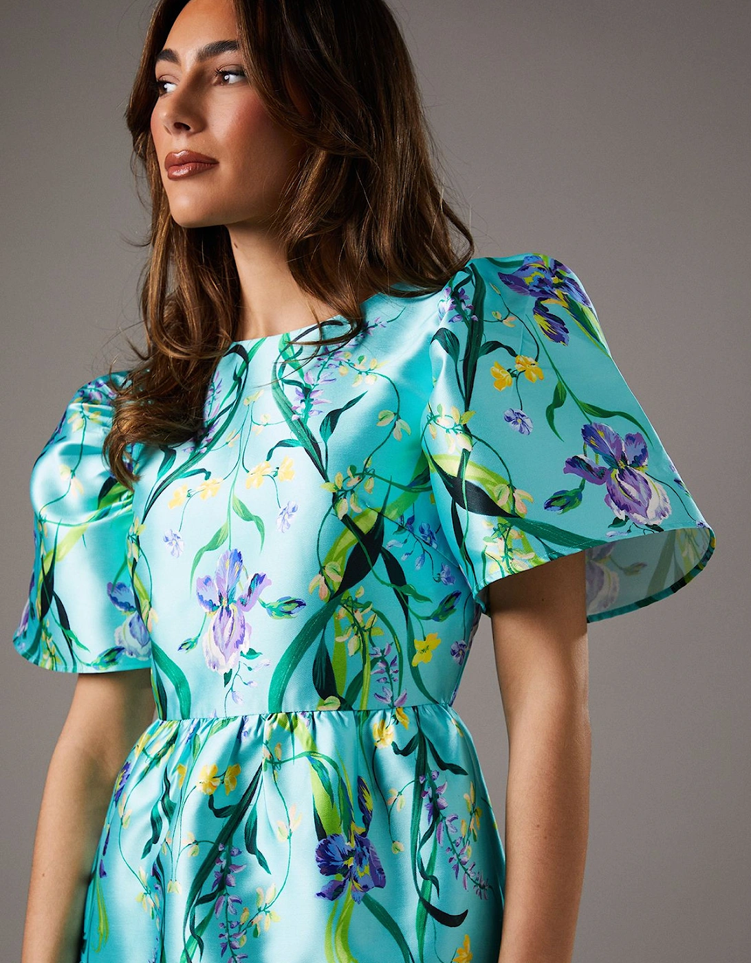 Twill Puff Sleeve Printed Midi Dress