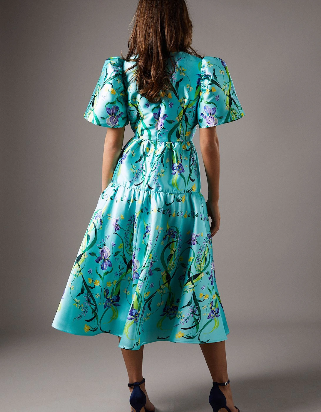 Twill Puff Sleeve Printed Midi Dress