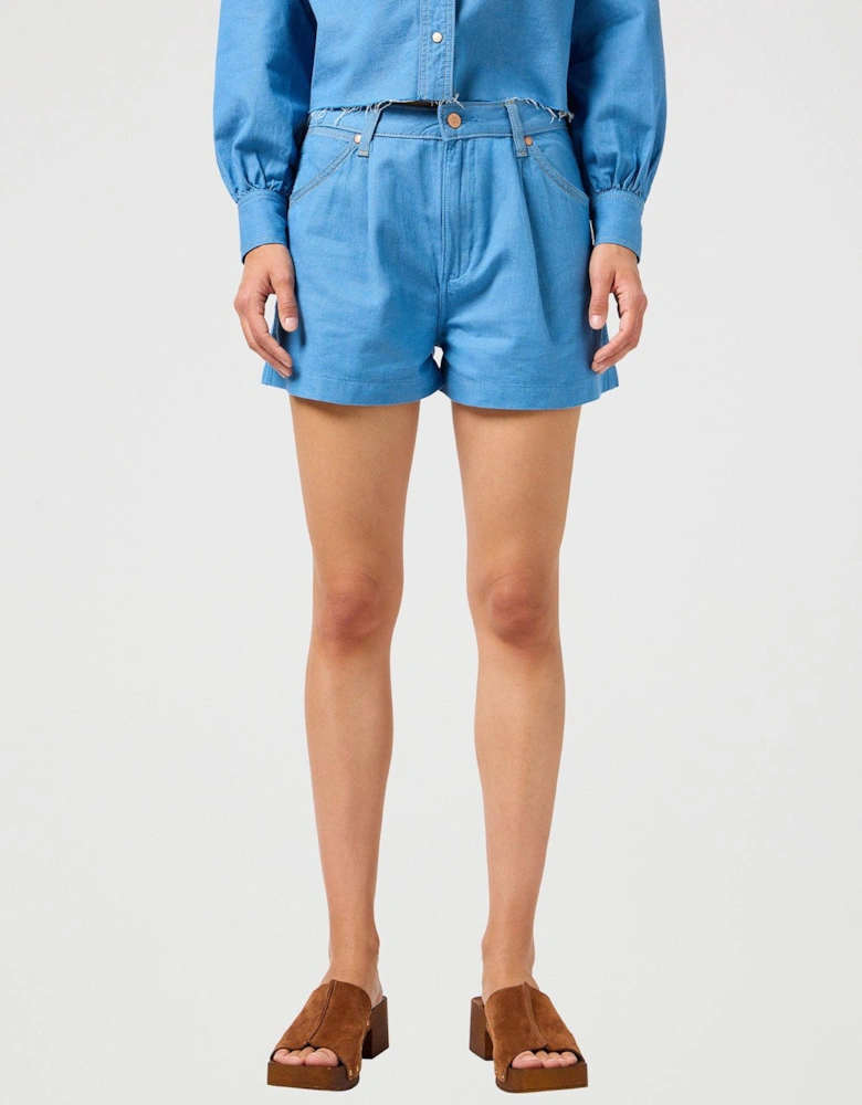 Pleated Denim Shorts - Blue