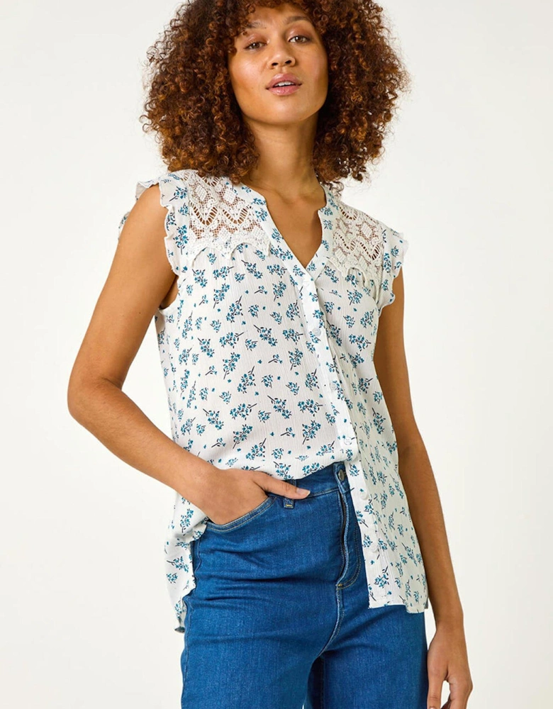 Floral Print Lace Yoke Blouse - Blue