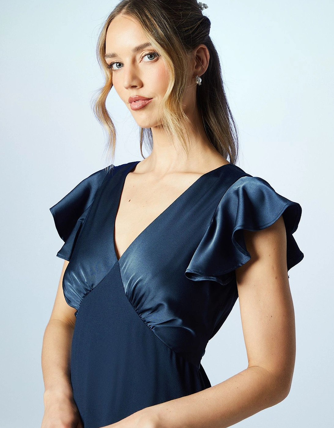 V Neck Angel Sleeve Satin Bridesmaids Dress