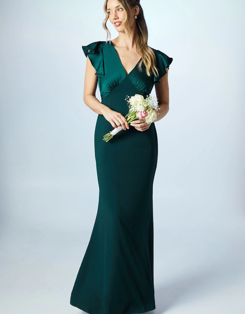 Honoured V Neck Angel Short Sleeve Satin Maxi Bridesmaid Dress