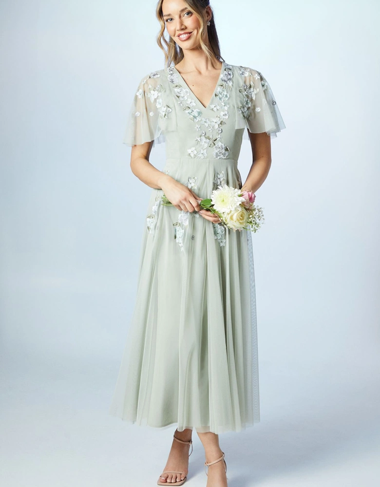 Spring Floral Embroidered Mesh Bridesmaids Midi Dress