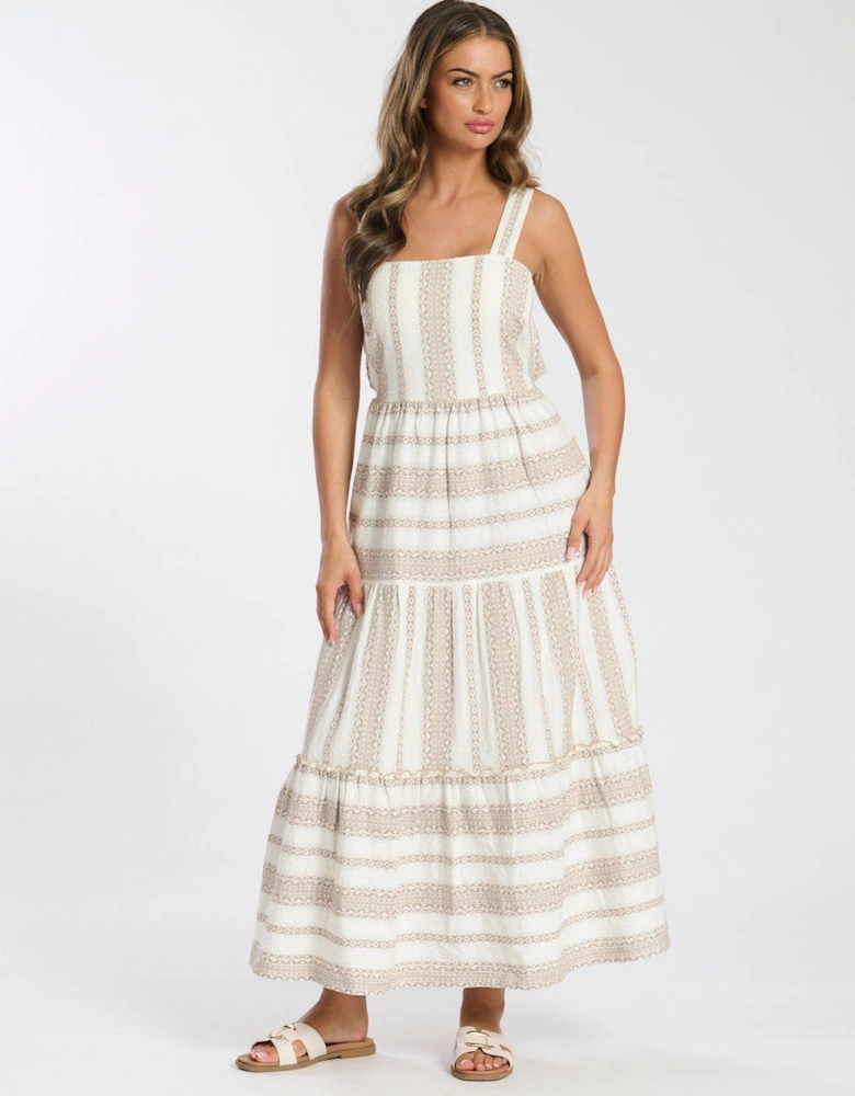 Square Neck Jacquard Maxi Dress - Beige