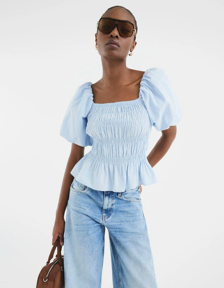 Puff Sleeve Shirred Top - Blue