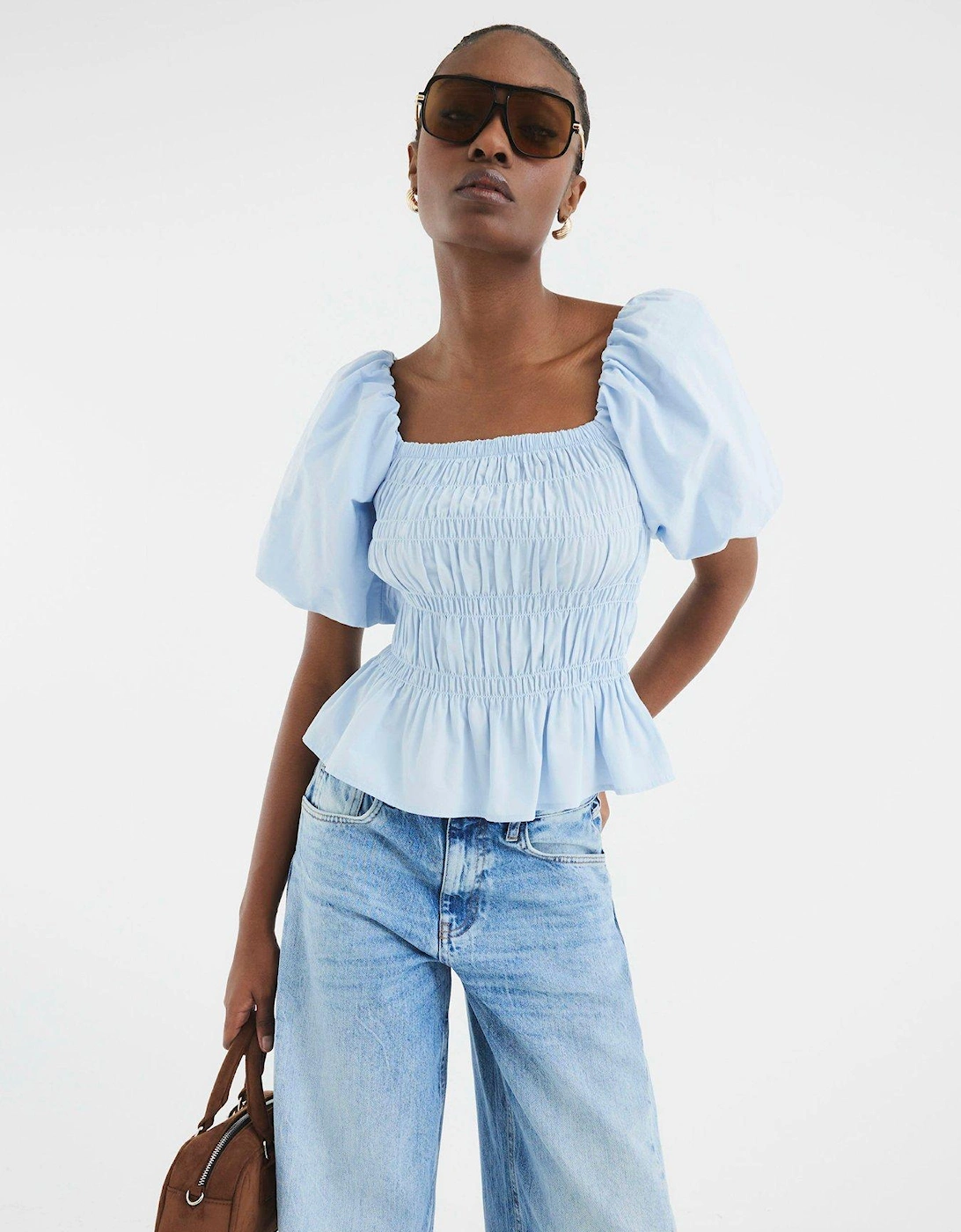 Puff Sleeve Shirred Top - Blue, 2 of 1