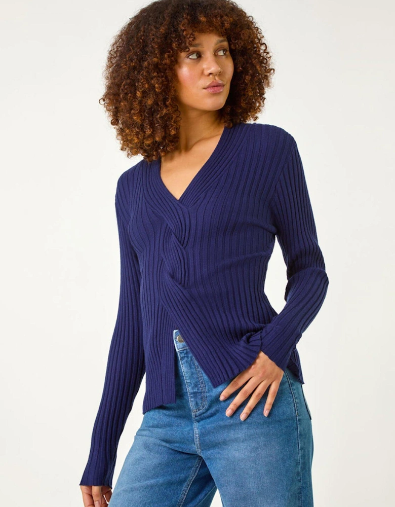 V-neck Cable Ribbed Knit Jumper - Navy