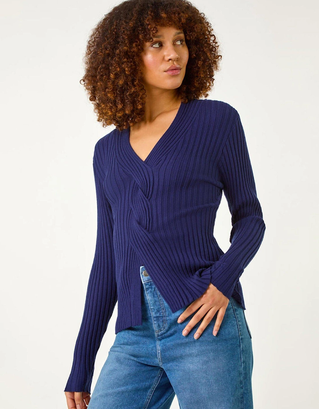 V-neck Cable Ribbed Knit Jumper - Navy, 2 of 1