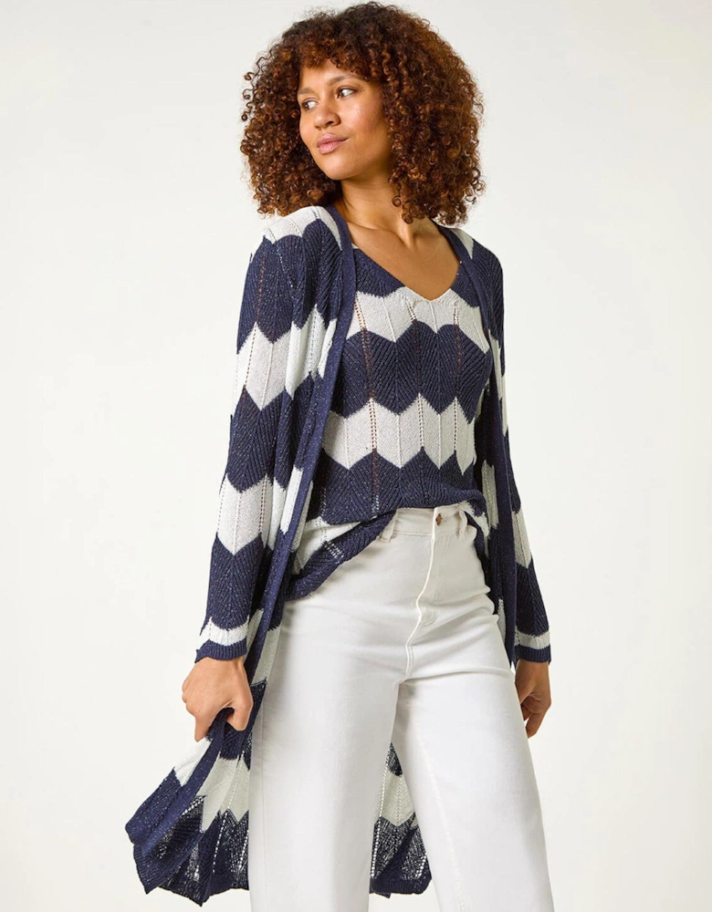 Chevron Stripe Shimmer Longline Cardigan - Navy