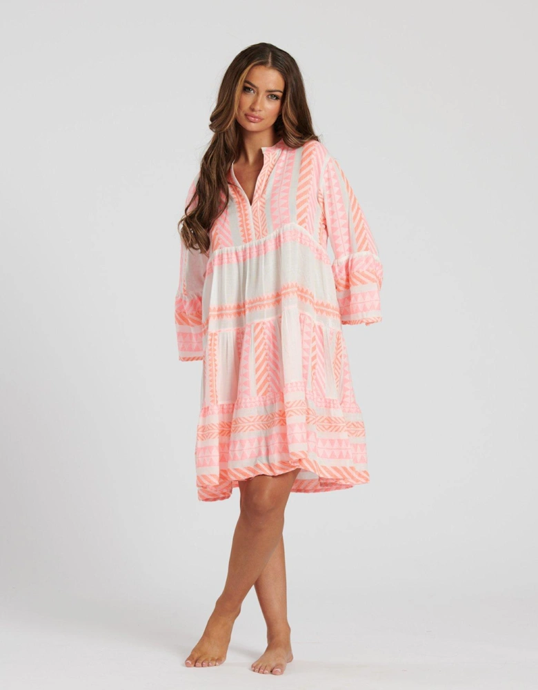 Jacquard 3/4 Sleeve Tiered Mini Dress