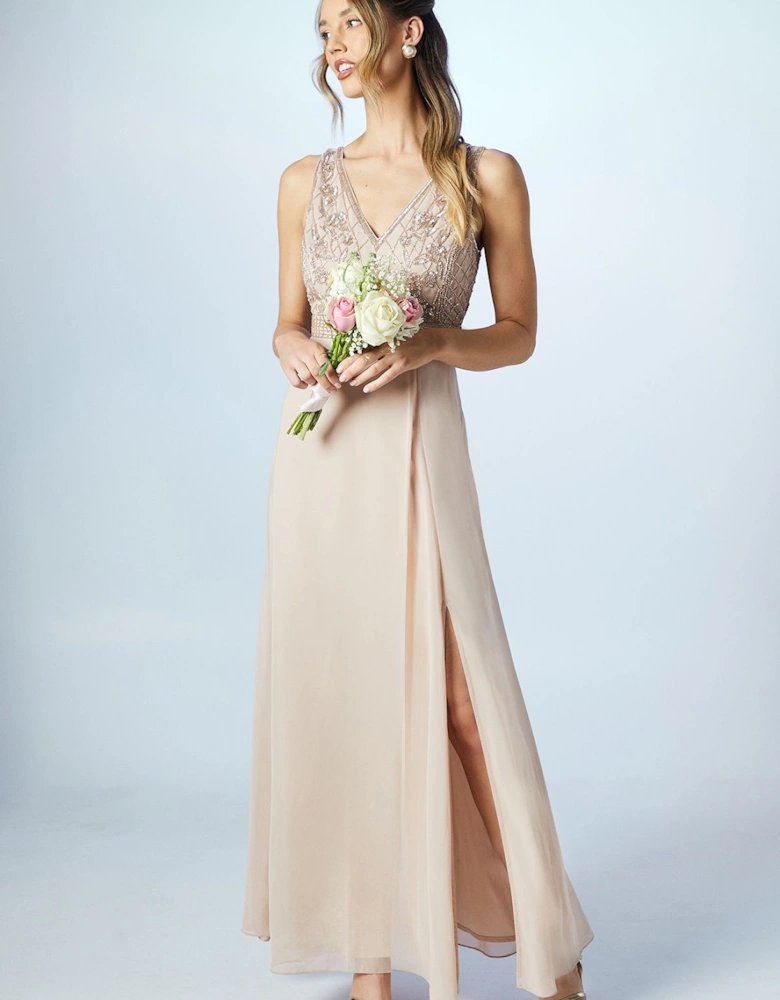 V Neck Embellished Bodice Georgette Bridesmaids Dress