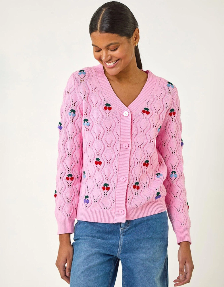 Embroidered Cherry V-neck Knit Cardigan - Pink