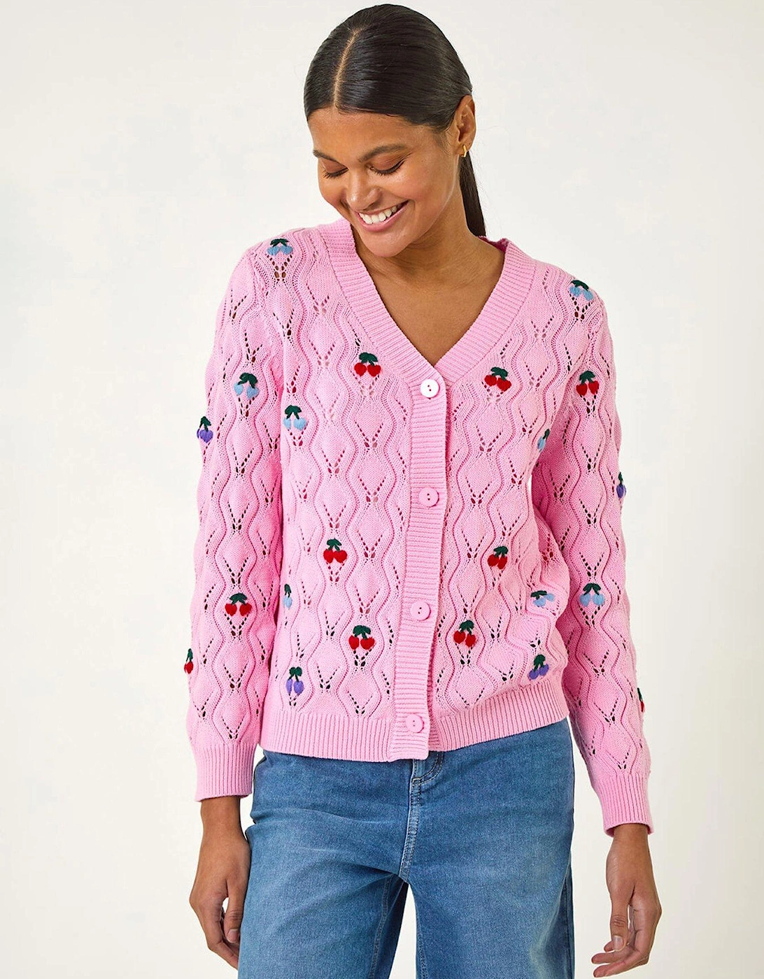 Embroidered Cherry V-neck Knit Cardigan - Pink, 2 of 1