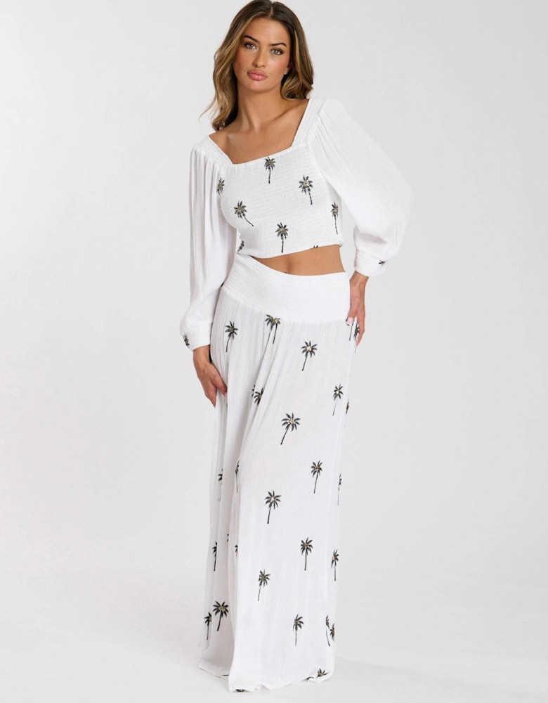 Embroidered Shirred Waist Maxi Skirt