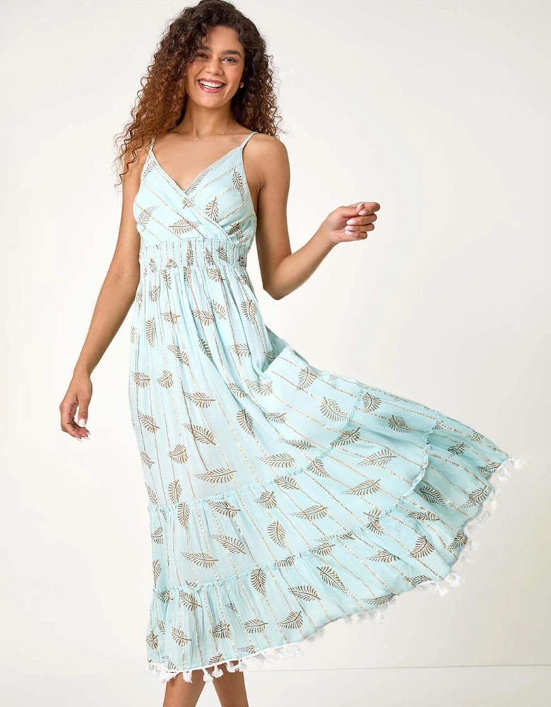 Metallic Leaf Print Shirred Maxi Dress