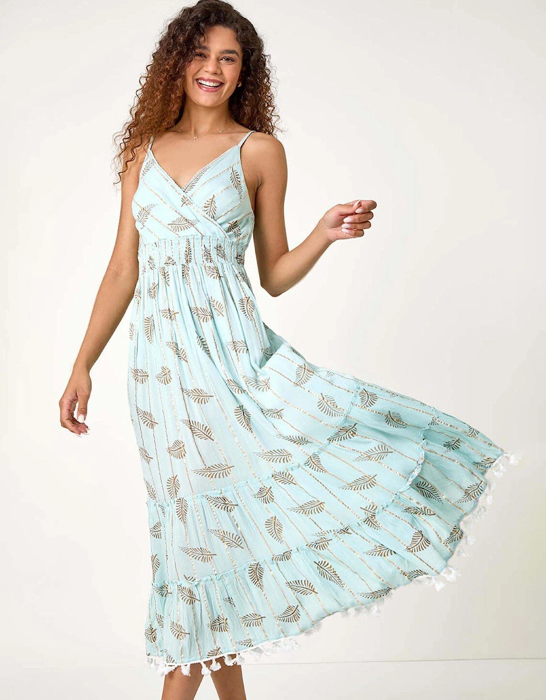 Metallic Leaf Print Shirred Maxi Dress, 2 of 1