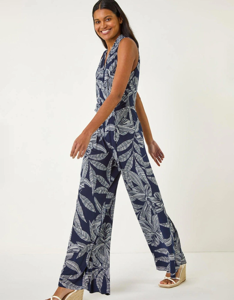 Leaf Puff Print Crossover Jumpsuit