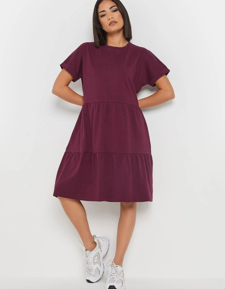 Petite Short Sleeve Tiered Smock Dress - Purple