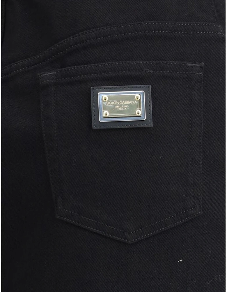 Denim Midi Skirt with Logo Plaque Women - Black