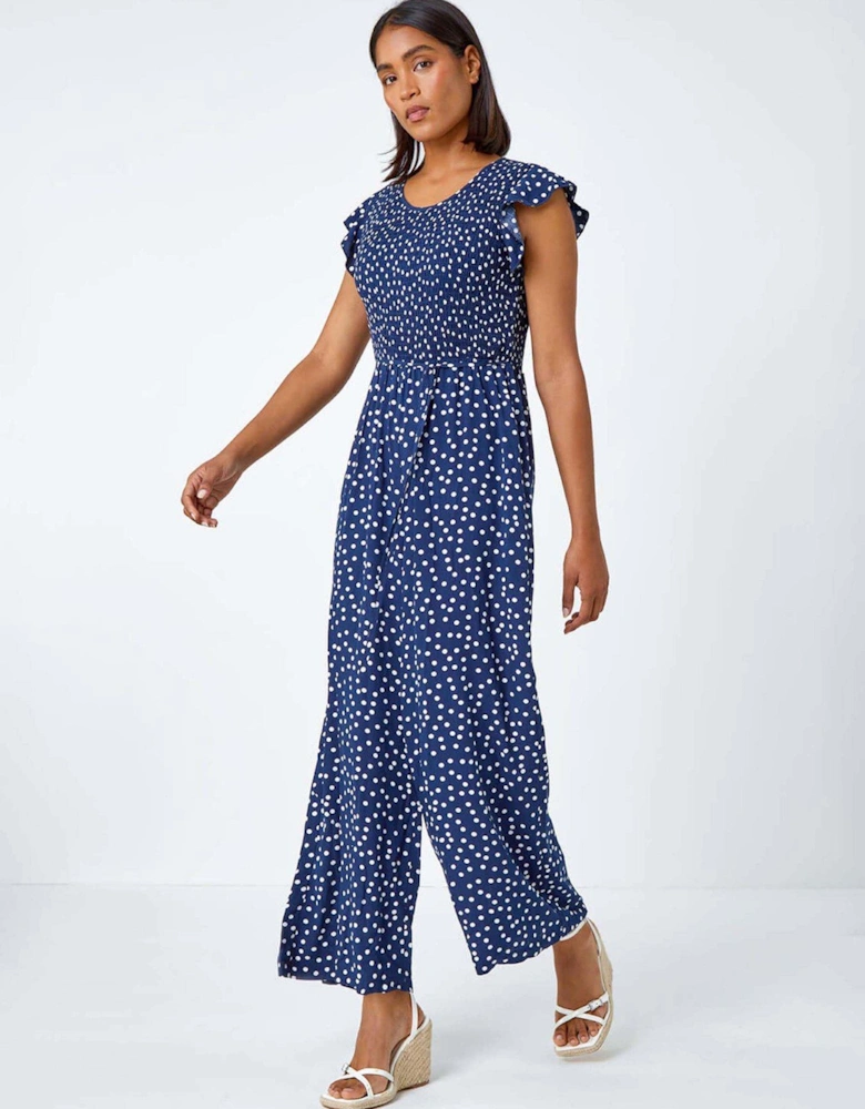 Polka Dot Shirred Pocket Jumpsuit