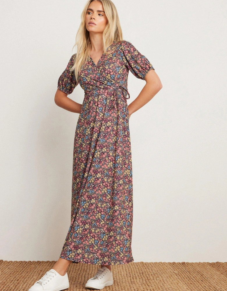 Petite Ditsy Wrap Short Sleeve Maxi Dress