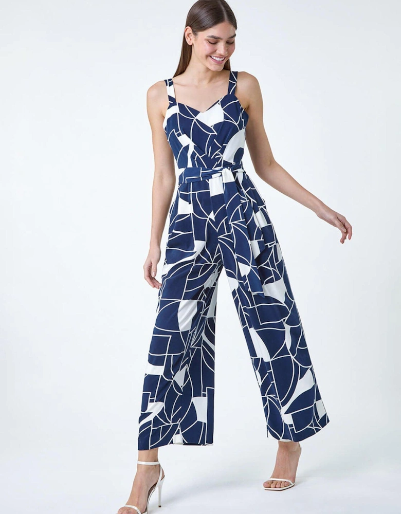 Abstract Print Pocket Jumpsuit - Navy