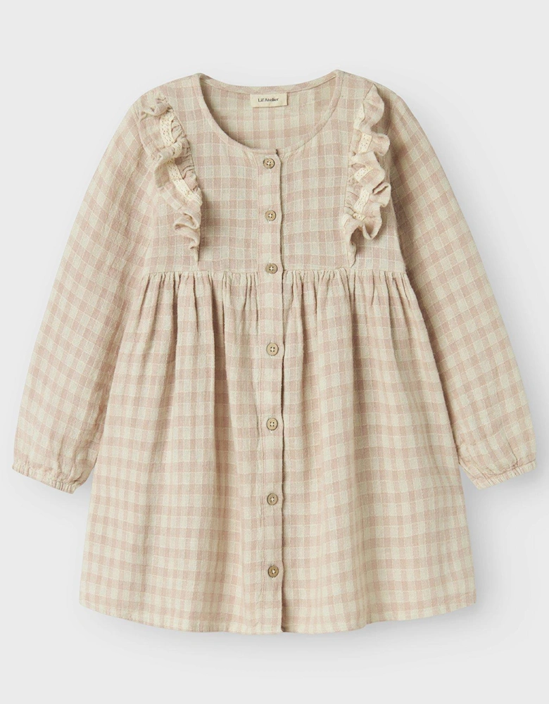 Mini Girls Long Sleeve Gingham Dress - Peach Whip