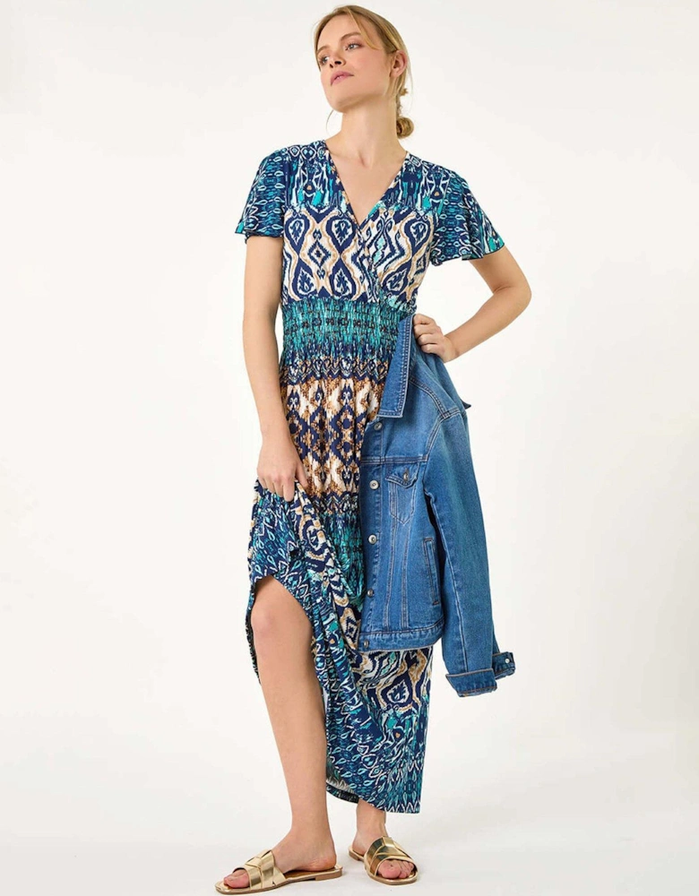 Aztec Print Shirred Stretch Maxi Dress