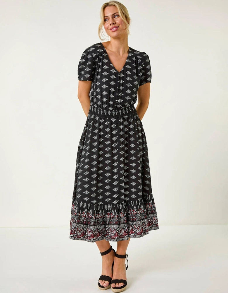 Petite Geo Print Border Midi Dress