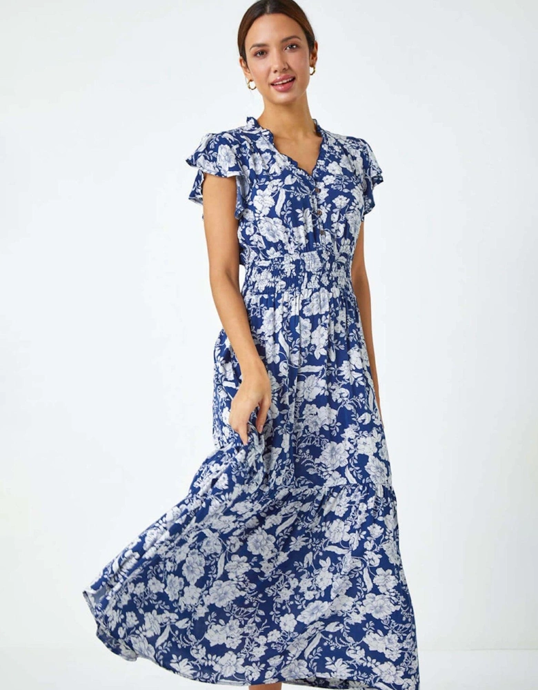 Floral Print Frill Detail Midi Dress