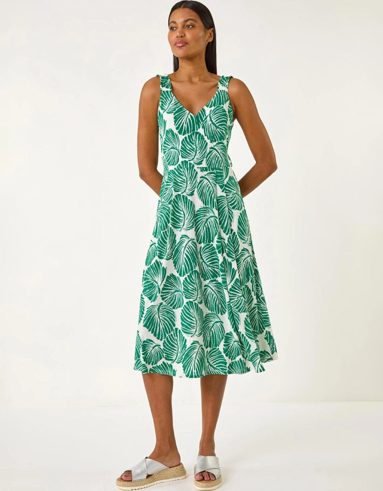 Leaf Print V-neck Stretch Midi Dress