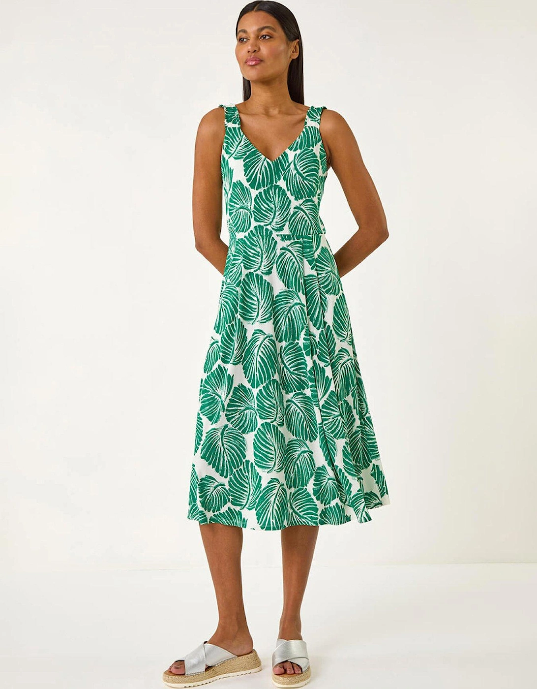 Leaf Print V-neck Stretch Midi Dress, 2 of 1