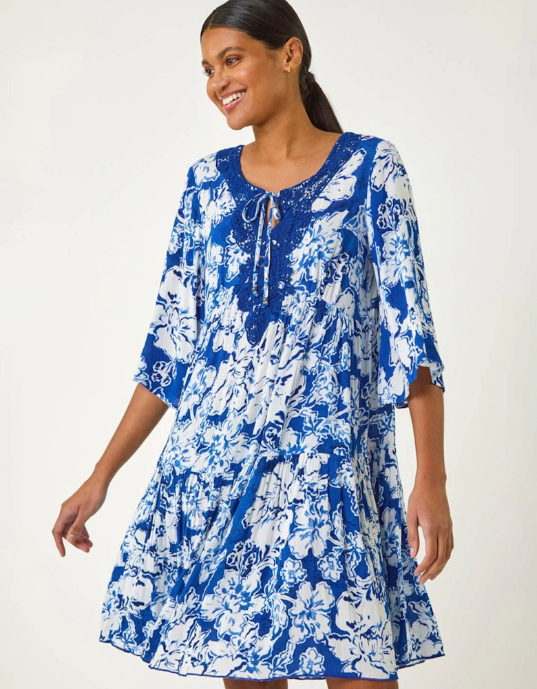 Shadow Floral Lace Smock Dress - Blue