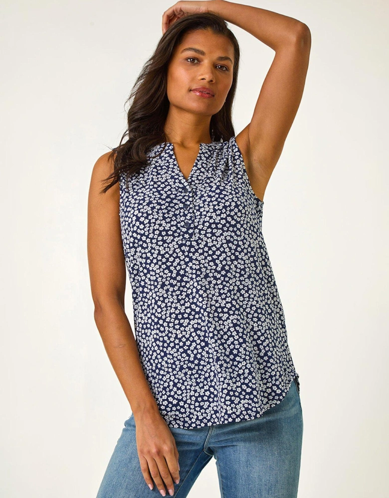 Textured Floral Print V-neck Stretch Top - Navy