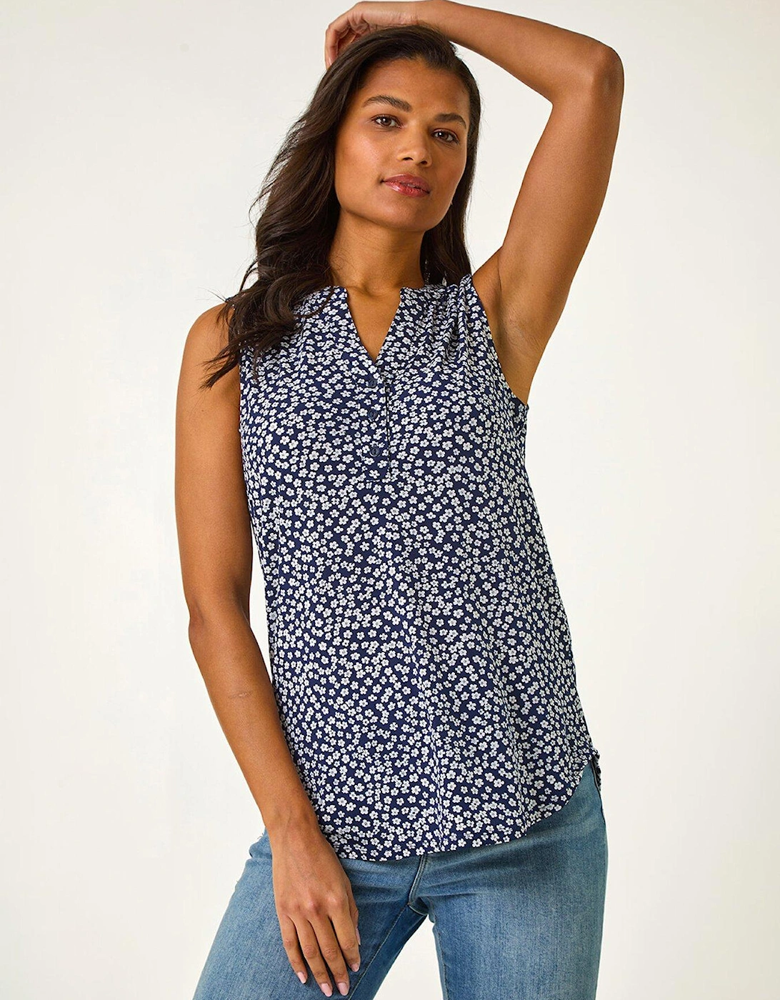 Textured Floral Print V-neck Stretch Top - Navy, 2 of 1