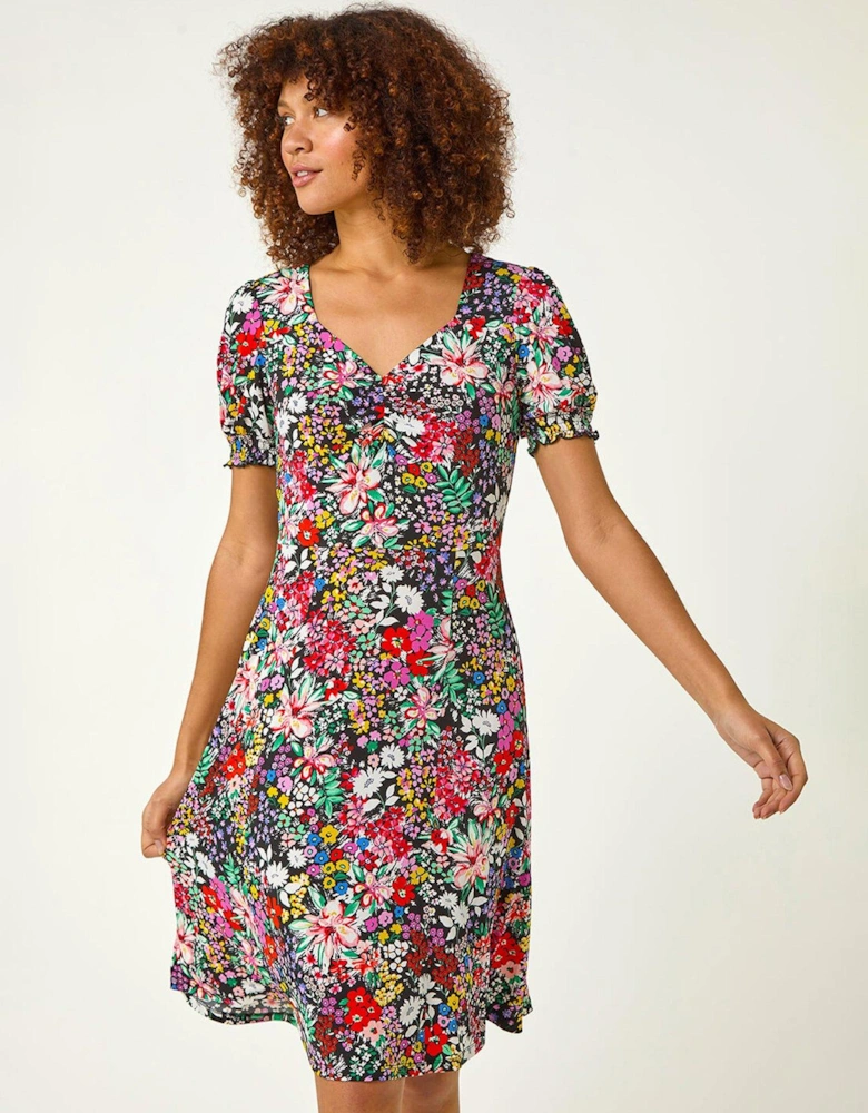 Floral Print Ruched Stretch Midi Dress - Multi