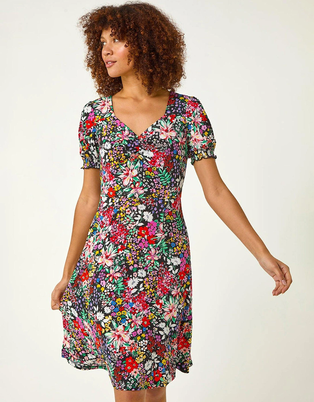 Floral Print Ruched Stretch Midi Dress - Multi, 2 of 1