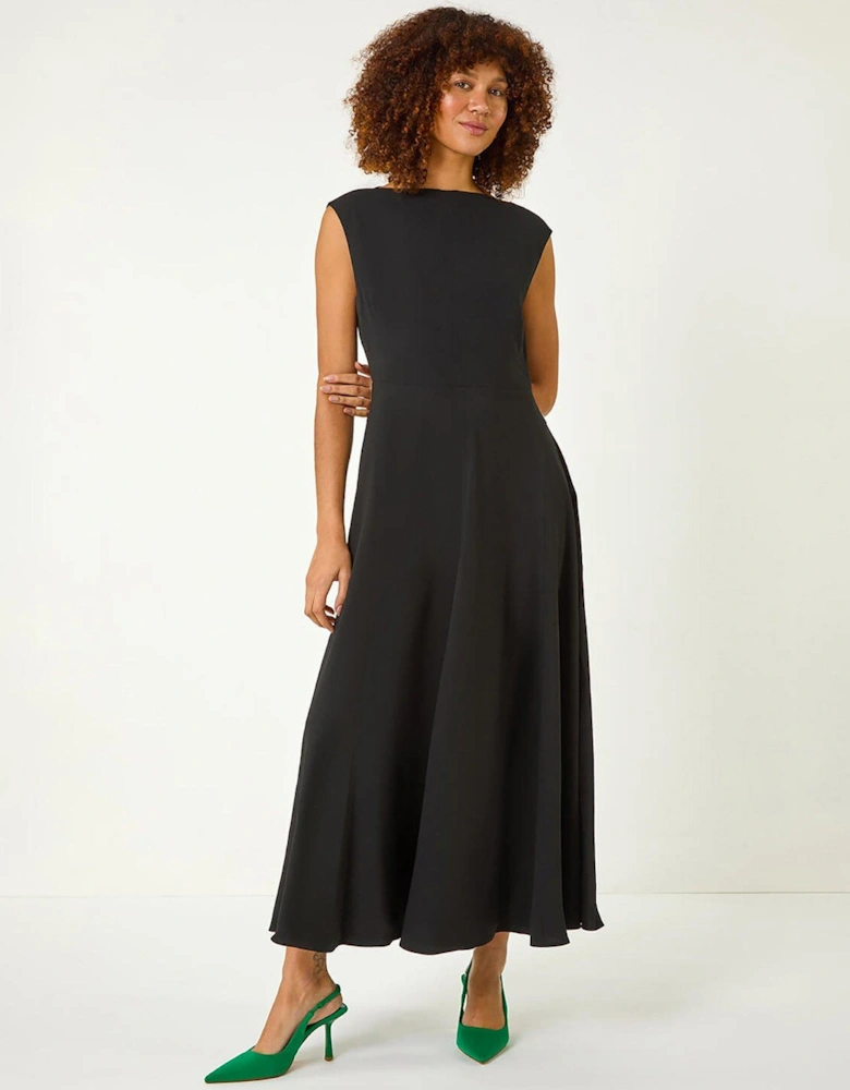 High Neck Pleated Midi Dress - Black