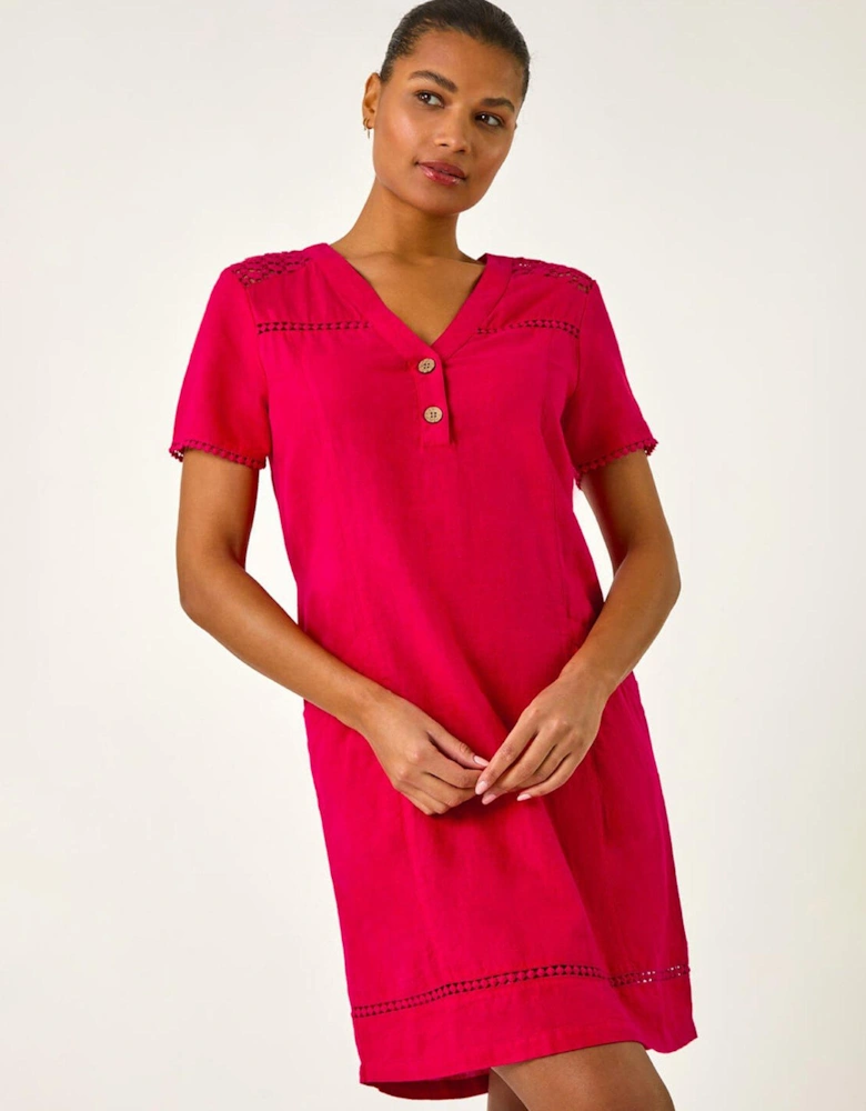 Linen Mix Button Shift Dress - Red