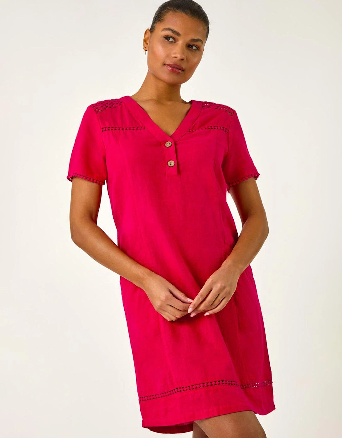 Linen Mix Button Shift Dress - Red, 2 of 1