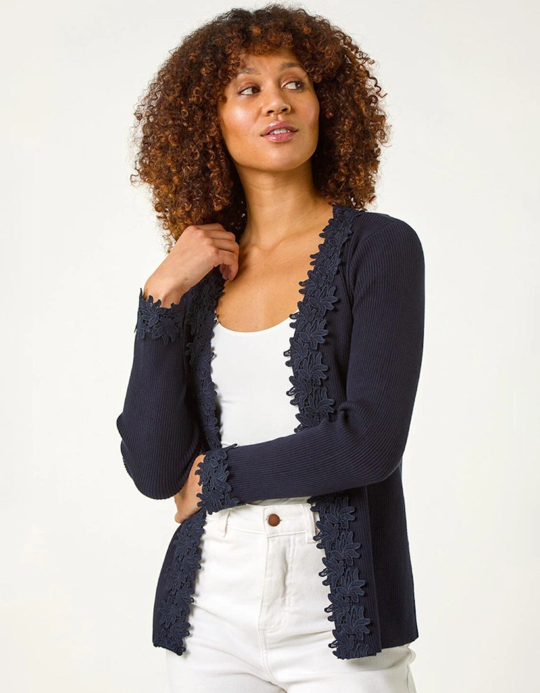 Lace Trim Knit Cardigan - Navy