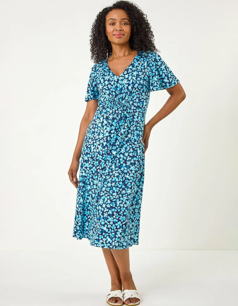 Petite Floral Print Shirred Stretch Dress - Blue