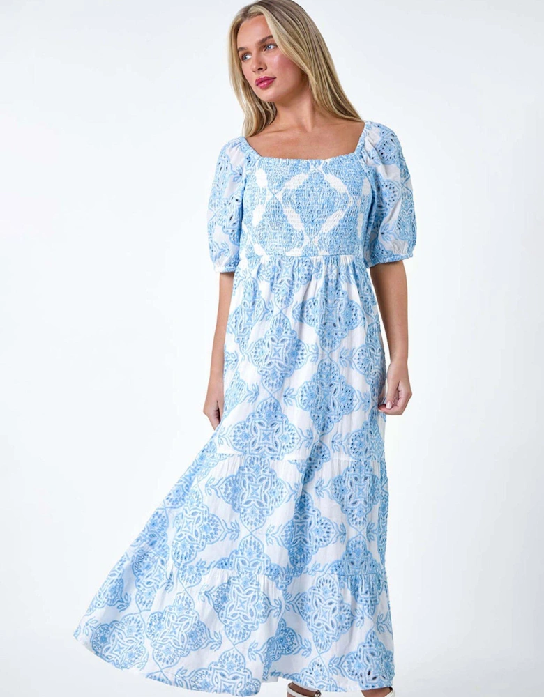 Petite Cotton Embroidered Shirred Maxi Dress