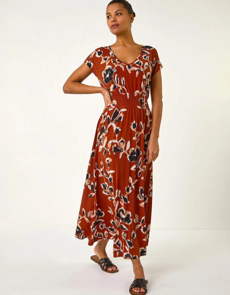 Abstract Print Ruched Waist Maxi Dress - Rust