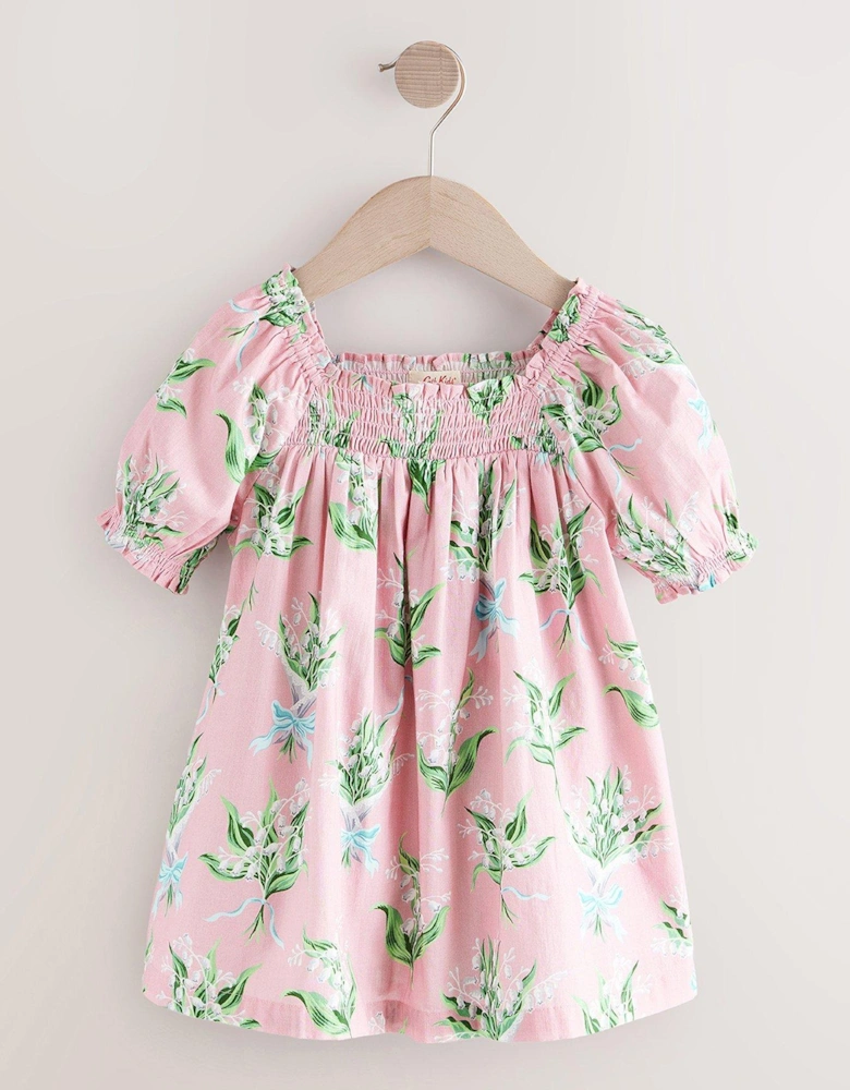 Pink Floral Print Puff Sleeve Cotton Dress