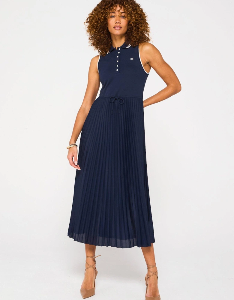 Pleated Polo Midi Dress - Navy