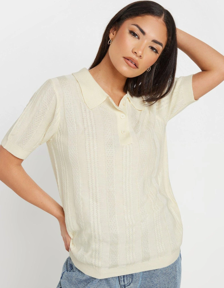 Pointelle Knitted Polo Top - Ivory