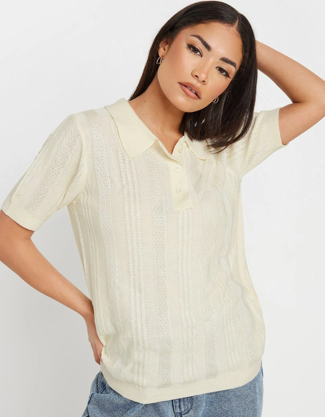 Pointelle Knitted Polo Top - Ivory, 2 of 1