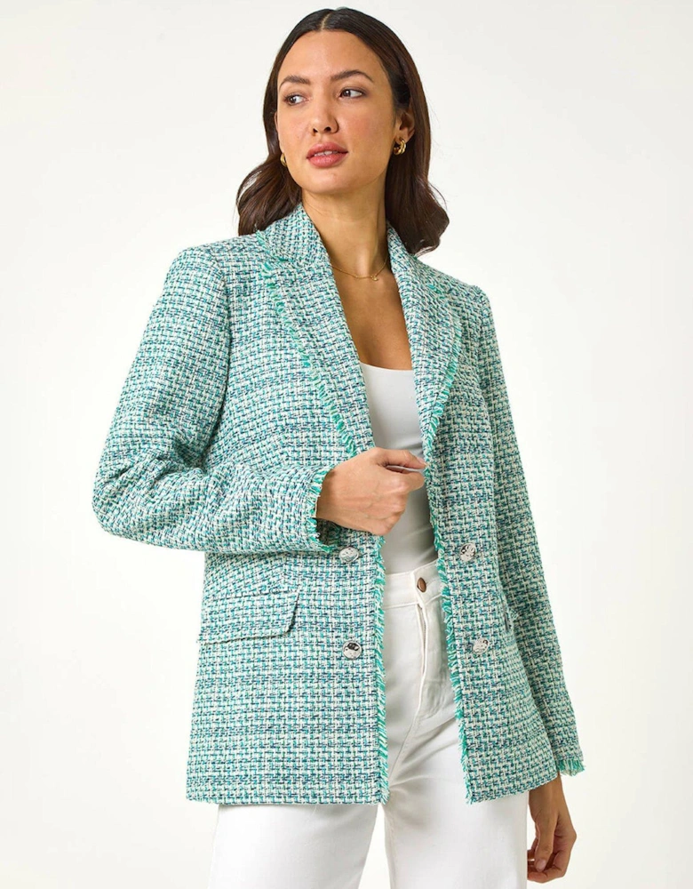 Check Frayed Edge Boucle Button Jacket - Green